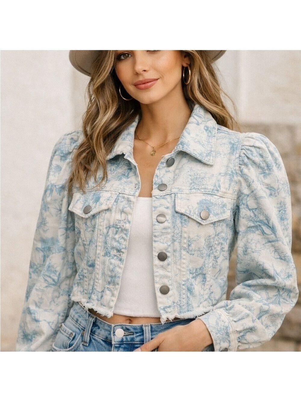 Elie Tahari Cropped Denim Jacket Floral Puff Sleeve Blue White Size S